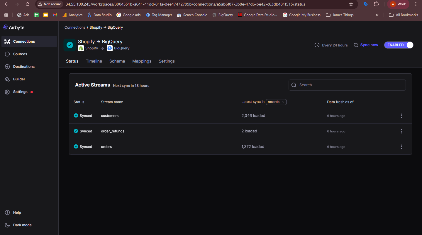 Airbyte Shopify to BigQuery active streams — customers, orders, order_refunds synced
