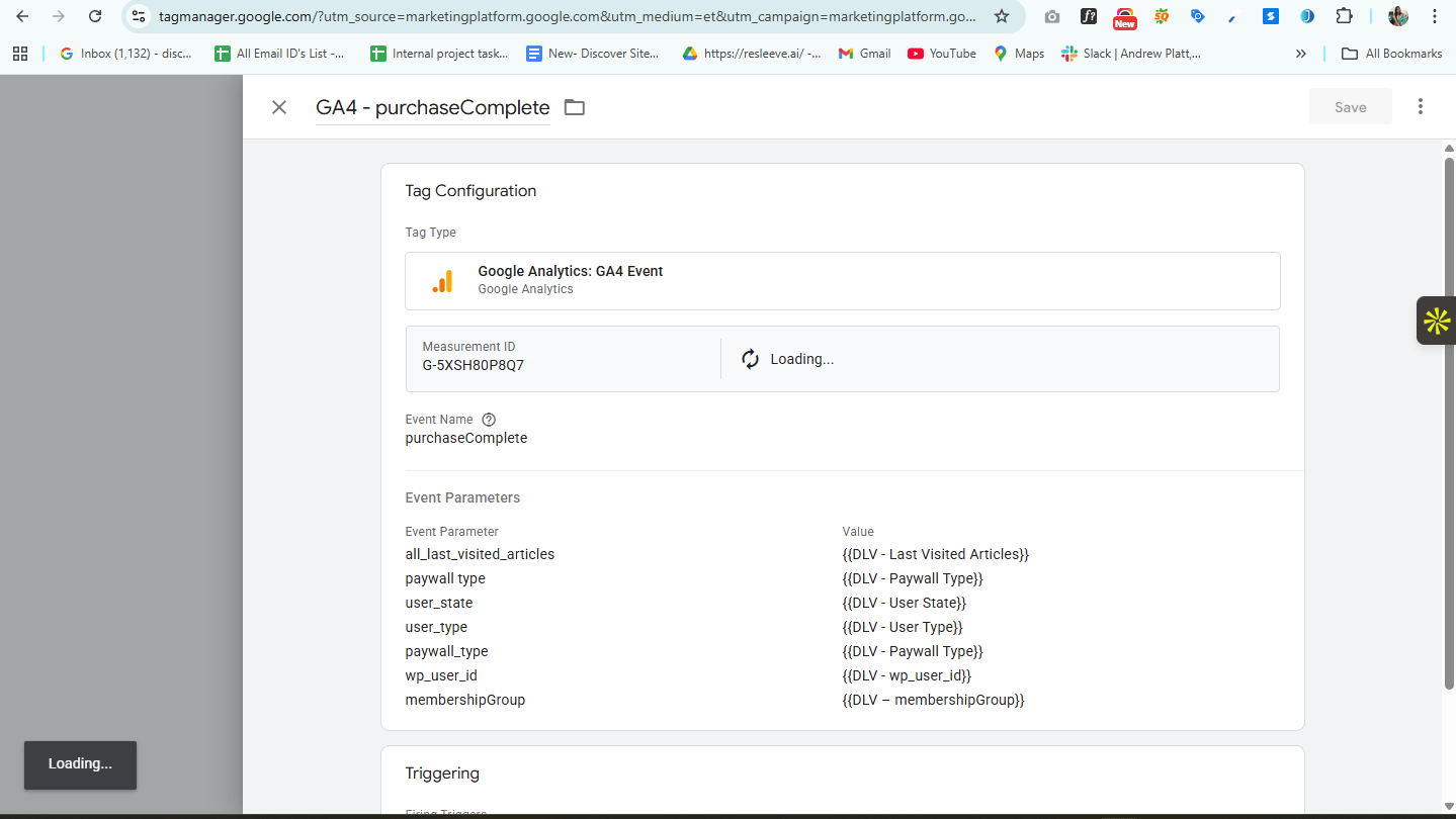 GTM GA4 purchaseComplete tag configuration with custom event parameters — all_last_visited_articles, paywall_type, user_state, user_type, wp_user_id, membershipGroup