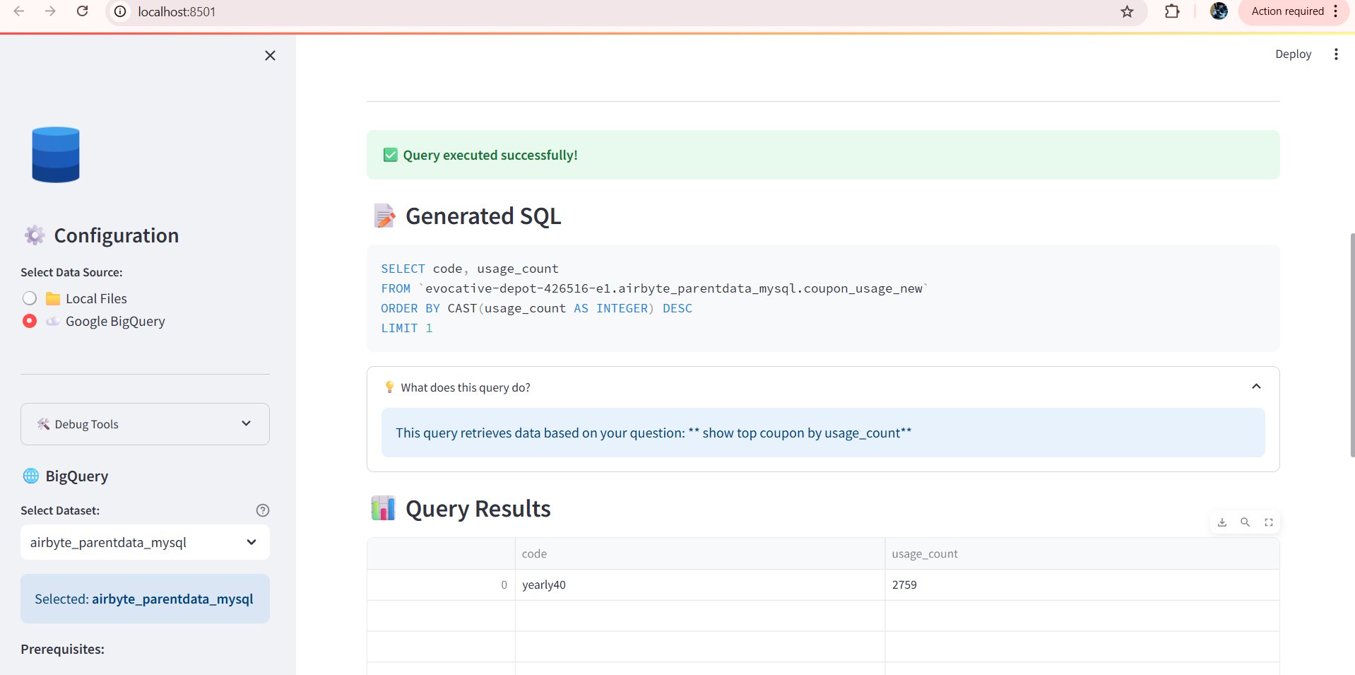 Generated SQL query executed with results in BigQuery