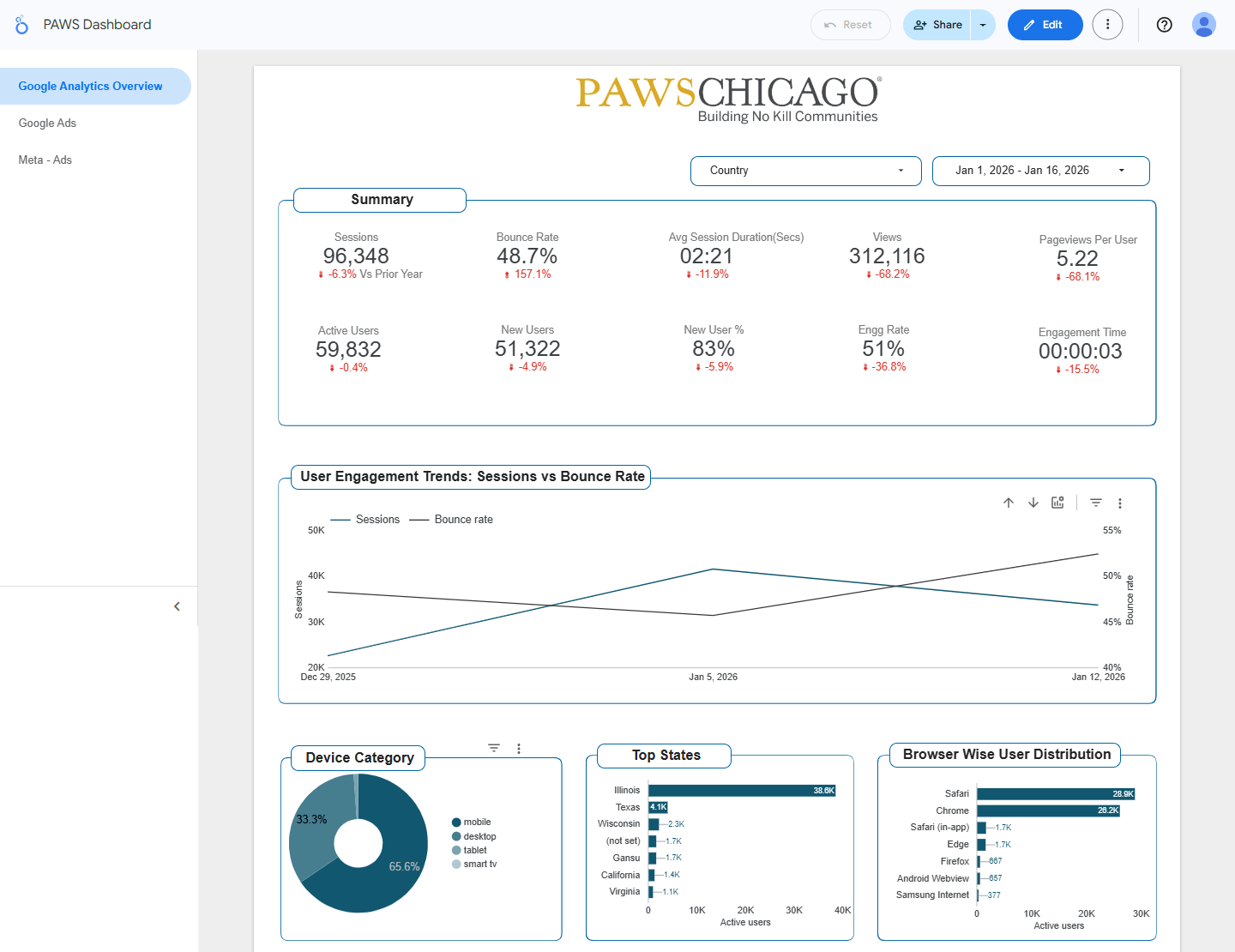 Paws Chicago Google Analytics Overview dashboard — 96K sessions, traffic sources, device breakdown