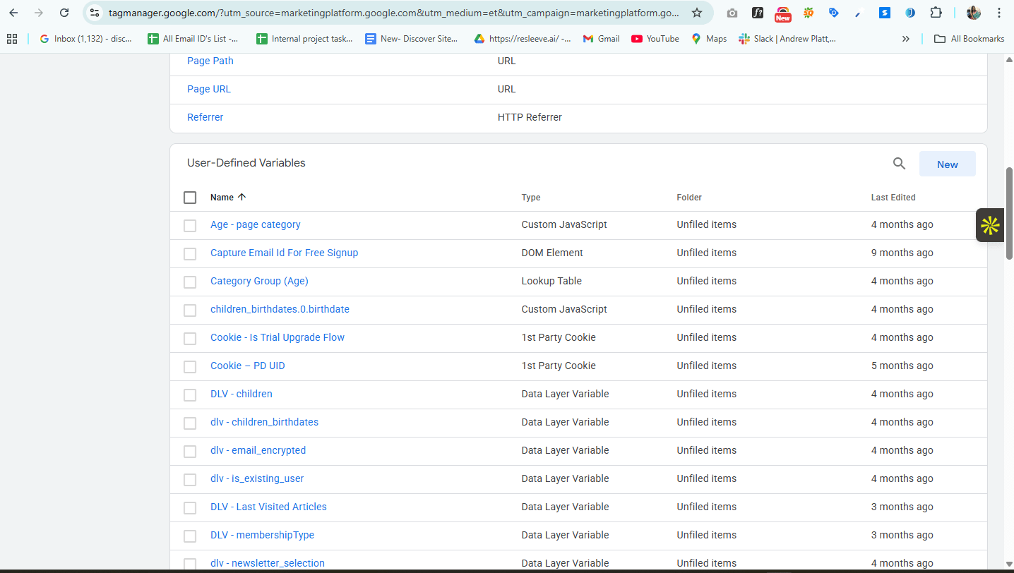 GTM User-Defined Variables list — DLVs, JavaScript variables, cookies for data layer capture