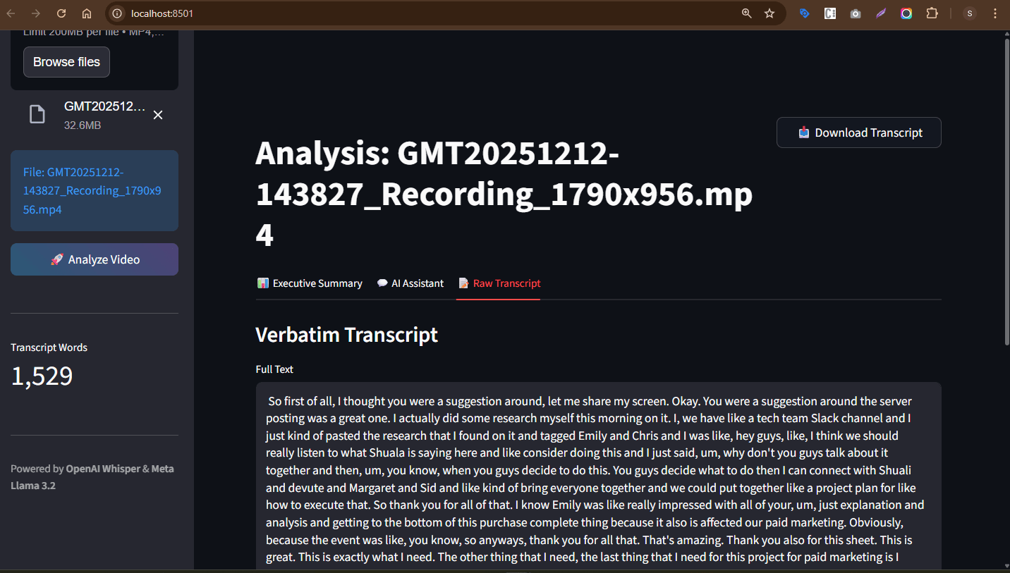 InsightAI transcript view — 1529 words verbatim transcript from meeting recording