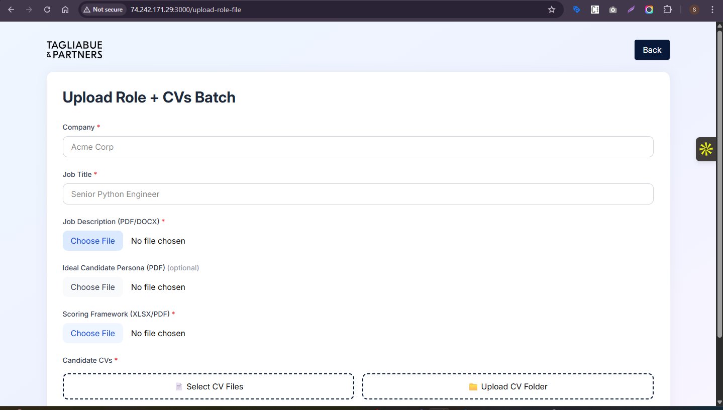 HR Venture CV Engine — Upload Role + CVs Batch form with Company, Job Title, JD, Persona, Scoring Framework, and CV upload