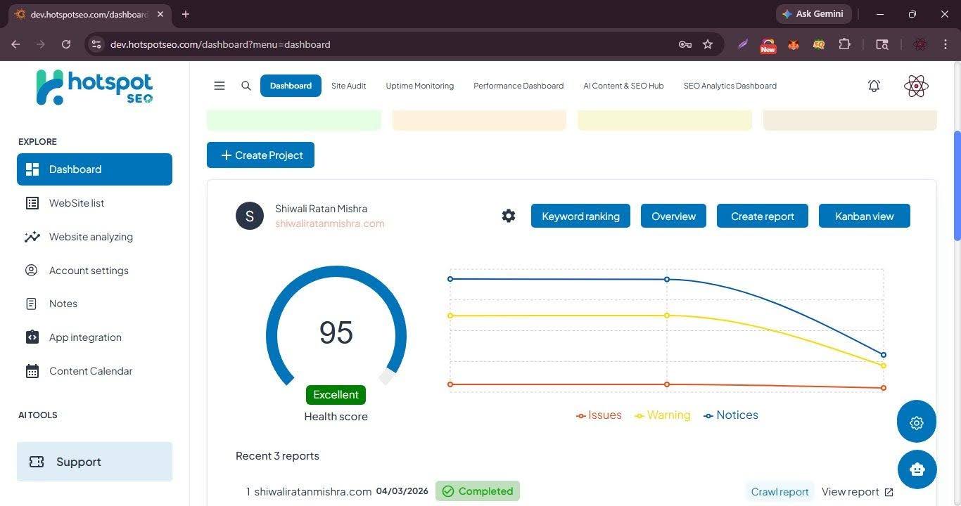 Project dashboard showing health score 95 Excellent with Issues, Warnings and Notices trend lines