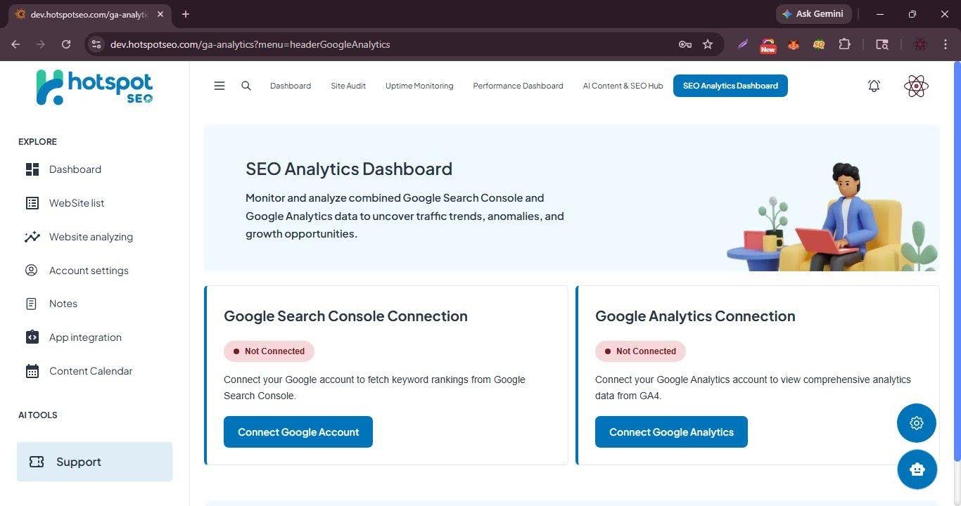 SEO Analytics Dashboard — Google Search Console connection card and Google Analytics connection card