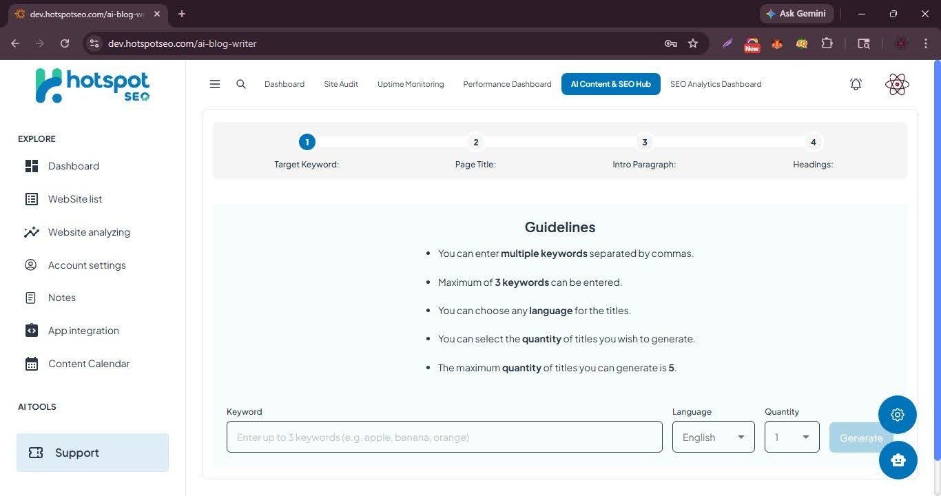 AI Blog Writer step 1 — keyword input with guidelines showing multi-keyword support, language selection, and quantity controls