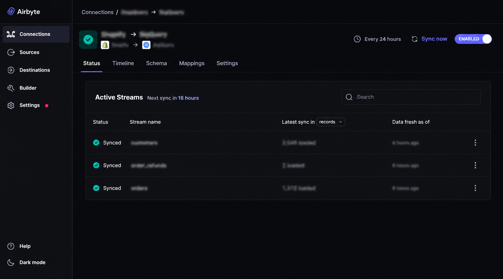Airbyte Shopify to BigQuery active streams — customers, orders, order_refunds synced