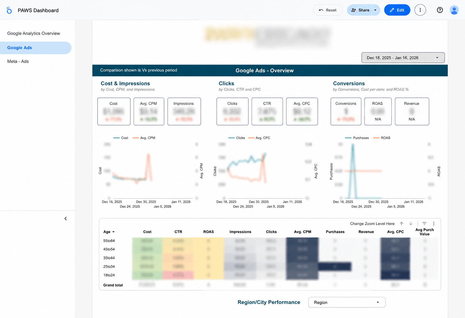 Paws Chicago Google Ads dashboard — $1095 cost, 349.2K impressions, age/region/campaign breakdowns