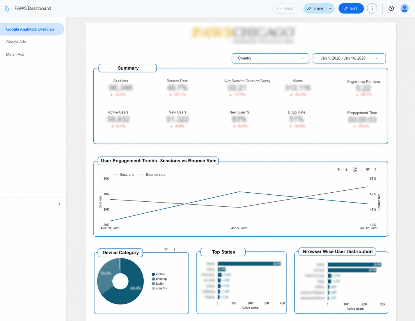 Paws Chicago Google Analytics Overview dashboard — 96K sessions, traffic sources, device breakdown